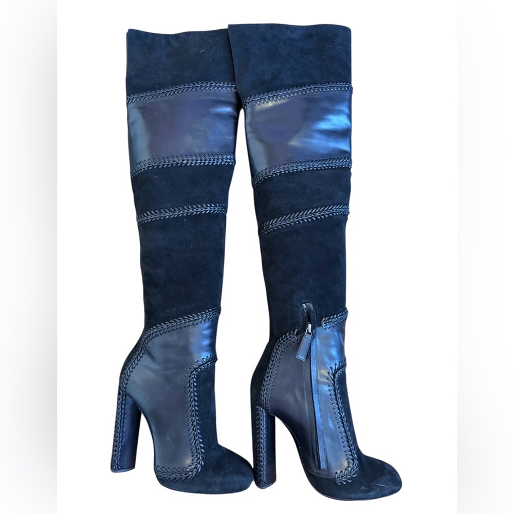 Tom Ford Black Leather suede braided over the knee boots